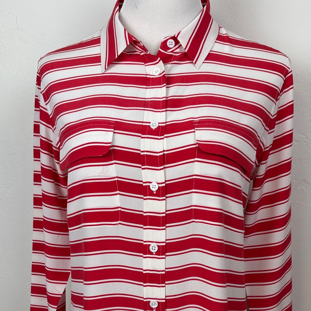 Equipment Red and White Striped Blouse Silk Medium